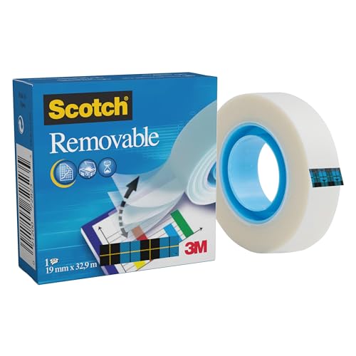 Scotch Ruban Adhésif Amovible Invisible - 19 mm x 33 m, 1 Rouleau - Ruban Adhésif à Usage Général pour la Réparation, l'Etiquetage et la Fermeture de...