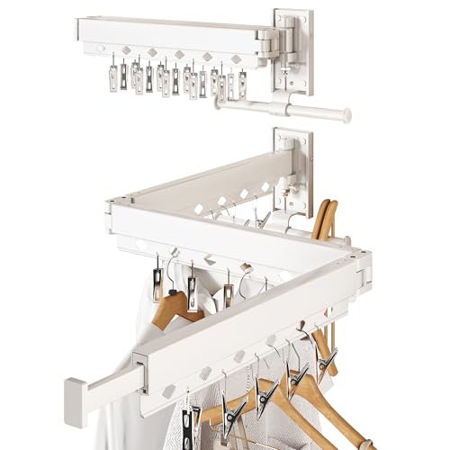 CHAHUANV Wall Mounted Collapsible Clothes Drying Rack, Durable Space-Saving Laundry Drying Rack Clothing Hanger, Upgraded with Clips and Windproof Holes