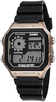 Casio AE1200WH Series | Men’s Digital Watch | 100M WR | Multi Alarms | 100 SEC Stopwatch | Countdown Timer | World Map for World Time | LED Light | LC Analog Display | 10 Year Battery