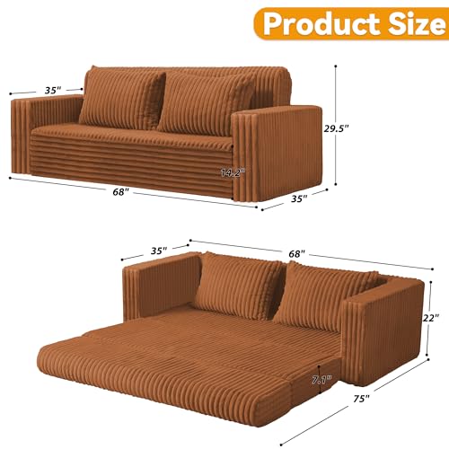 Image of HABUTWAY Folding Sofa Bed, 2 in 1 Convertible Sleeper Chair with 2 Pillows, Portable Fold Out Chair Bed with Armrest, Comfy Floor Couch, Lazy Sofa for Living Room Bedroom Dorm Home Office, Caramel