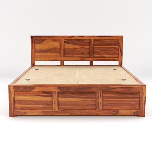 Image of Sheesham Wood King Size Bed with Storage Box | Wooden Box Bed King Size Double Cot Bed with Storage for Bedroom | Premium 3 Dalla Design Headboard Bed for Hotel, Home | Honey Finish