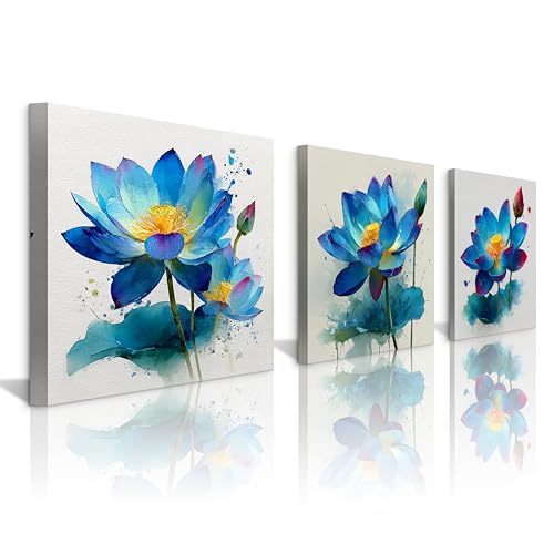 NAN Wind 3Pcs Blue Lotus Watercolor Canvas Wall Art Print Blooming Flower Yellow Center Teal Purple Petals Botanical Floral Pictures for Bedroom Bathroom Living Room Decor Zen Artwork Ready to Hang