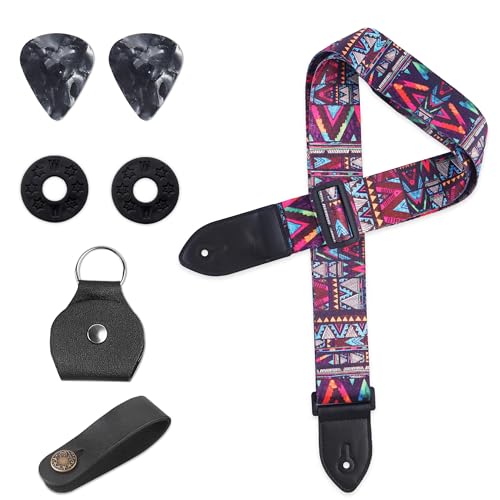 Image of Adjustable Guitar Strap Includes 2 Strap Locks & 2 Matching Picks & 1 Picks Holder & 1 leather Strap Button.