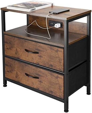 PONROL 23”L*11”W*25”H Rustic End Table with Charging Station & USB Ports, Entryway Narrow Side Console Table for Living Room, Nightstand with Fabric Drawer Storage Shelf Sofa Table for Bedroom, Brown
