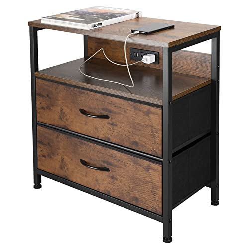 Ponrol 23”L*11”W*25”H Rustic End Table With Charging Station & Usb Ports, Entryway Narrow Side Console Table For Living Room, Nightstand With Fabric Drawer Storage Shelf Sofa Table For Bedroom, Brown #TOP30