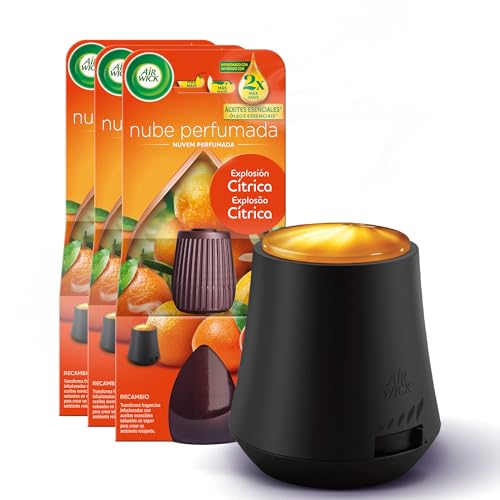 Air Wick Essential Mist - Aparato y 4 recambios de ambientador difusor aceites Esenciales para casa con Aroma a Explosión Cítrica, el Embalaje Puede Variar