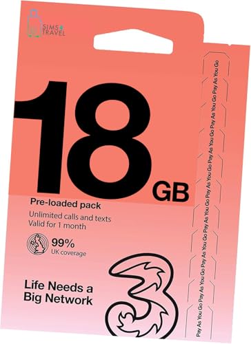 3 UK Prepaid Data Sim Card. 18GB of 5G Data for use in over 70+ Countries Worldwide + Extra 150GB of UK Data (Valid for 30 Days). Easy to Renew. Includes USA,Chile,Brazil,Singapore,Hong Kong & Europe.