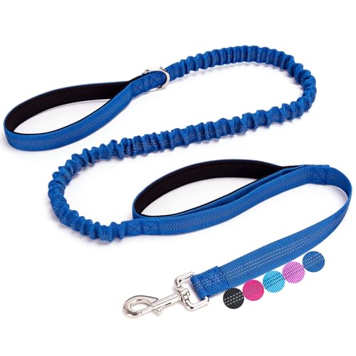 Boswany 5 FT Bungee Dog Leash with 2 Handles, Reflective Strong Nylon Traffic Leash, Shock Absorbing Lead for Large Medium Dogs Walking Training Controlling, Dark Blue