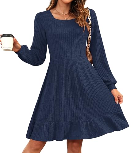 AUSELILY Damen Strickkleid Herbst Pulloverkleid Langarm Kleid Outfit Winterkleider,Dunkelblau L