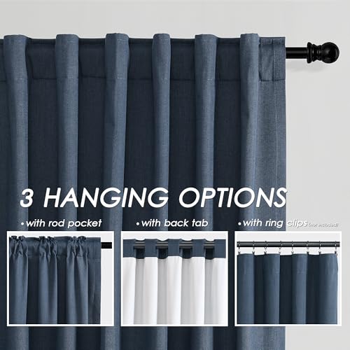 Image of Vintage Blue 100% Blackout Linen Curtains 108 Inches Long for Bedroom Back Tab Thermal Insulated Vintage Farmhouse Decor Black Out Curtain for Living Room Floor to Ceiling High Window 52x108, 2 Panels