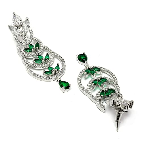 Rhodium-Plated Crescent Drop Earrings with AD
