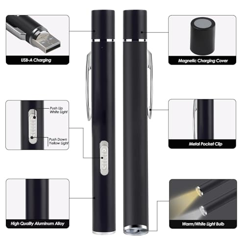 Penriter Pupillenleuchte Medizinisch, Aufladbar USB Diagnostikleuchte mit Pupillenmessgerät und Lineal, LED Stiftlampe mit Taschenclip und 2 Lichtquellen für Krankenschwester Studentische Ärzte