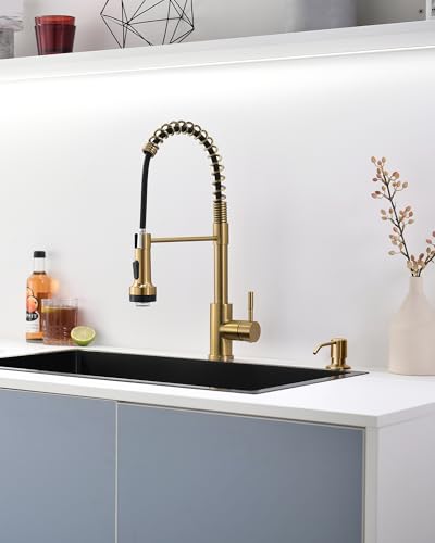 Image of GIMILI Gold LED Kitchen Faucet with Soap Dispenser, Modern Single Handle Spring Kitchen Sink Faucets with Pull Down Sprayer