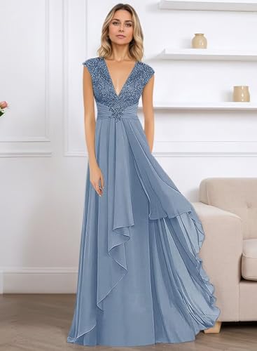 V Neck Mother of The Bride Dresses Long Chiffon Prom Dress for Wedding Lace Appliques Formal Evening Gown Plus Size3