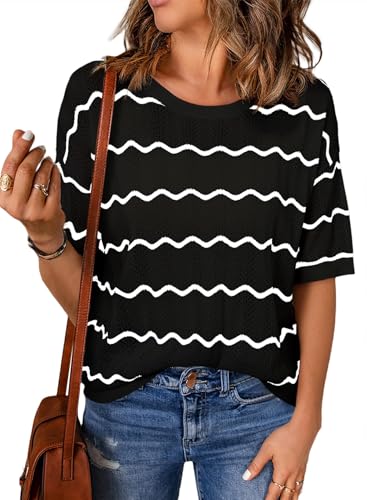 EVALESS Womens Short Sleeve Sweaters Spring Summer Crochet Knit Tops Crewneck Striped T Shirts Casual Blouses for Women