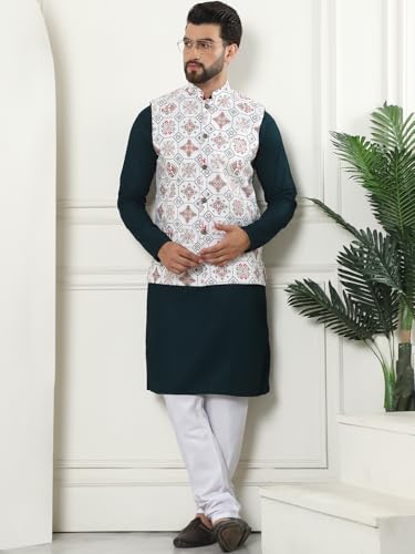 Sojanya (Since 1958 Men's Pure Cotton Brown Kurta And White Pyjama With Printed Cream Nehru Jacket