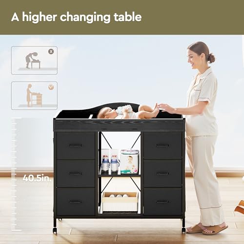 Image of YeTom Changing Table, 6-Drawer Dresser, Adjustable Shelves, Mobile, Black