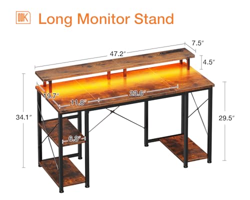 ODK 48 inch Gaming Desk with LED Lights & Power Outlets, Computer Desk with Monitor Stand & Storage Sheves, CPU Stand, Home Office Desk, Vintage - Thumbnail 3
