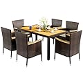 Vongrasig 7 Piece Small Patio Dining Set, Space-Saving Outdoor Wicker Furniture Conversation Set with Wood Table and Cushioned Rattan Chairs for Lawn, Garden, and Backyard (Brown)