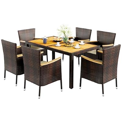 Vongrasig 7 Piece Small Patio Dining Set, Space-Saving Outdoor Wicker Furniture Conversation Set with Wood Table and Cushioned Rattan Chairs for Lawn, Garden, and Backyard (Brown)