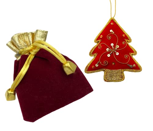 Zari Christmas Ornament, Red Tree, Zardozi Embroidery, Gift Bag, Crafted In India #TOP1
