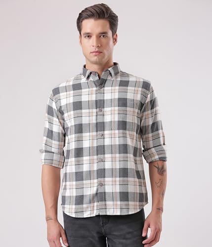 Image of TURMS Men's Casual Checks Shirts, Odor Control, Moisture Wicking, Button Down Collar, Cool Tech Cotton Fabric, Tailored Fit, Full Sleeve