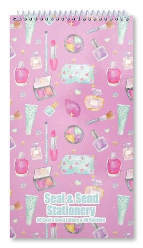 Image of iscream Fold and Send Girls Stationery Card Pad with Seals - Makeup Counter | 40 Pack, Pretty Print, Spiral Bound, Large 10.5 inch x 5.75 inch Cards, Coordinating Sticker Sheets, Fold and Send, Summer Camp Ready