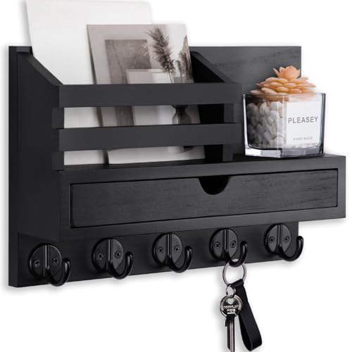 Key Holder Wall Mount, Mail Holder with Storage Drawer | Key and Mail Holder with 5 Key Hooks for Coat, Dog Leash, Home Decor Rack, House Accessories, Entry Way Organizer