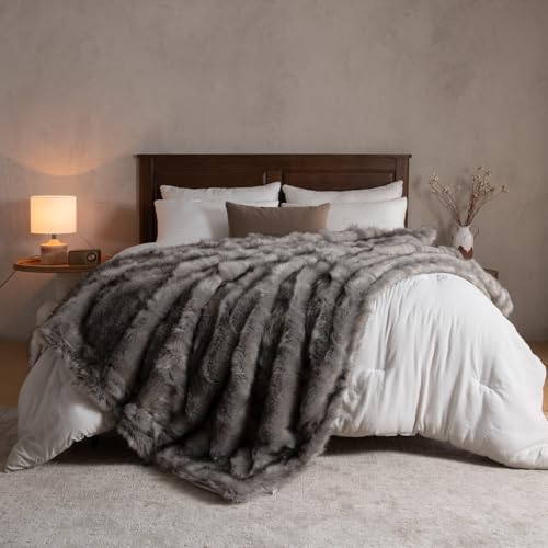 Image of HOMFINE Luxury Faux Fur Blanket 230 x 230 cm Grey