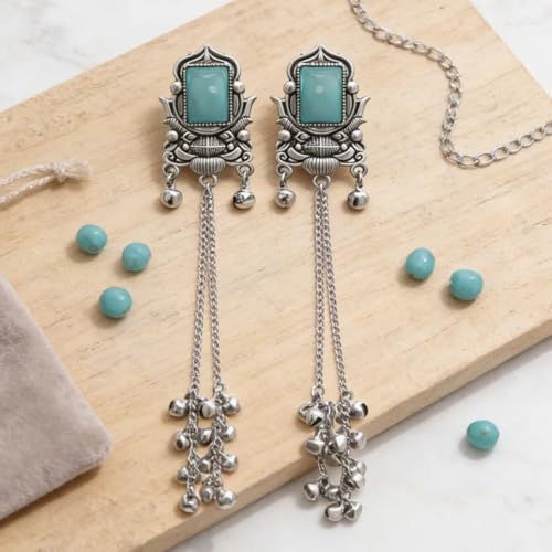 Image of I Jewels Traditional Silver Oxidised Kashmiri Long Dangler Earrings with Ghungroo for Women & Girls Gift