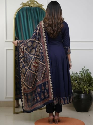 Image of GoSriKi Women's Rayon Viscose Anarkali Printed Kurta Pant with Dupatta | Anarkali Kurta Set for Women | Flared Kurti Pant Set | Ethnic Printed Suit for Women