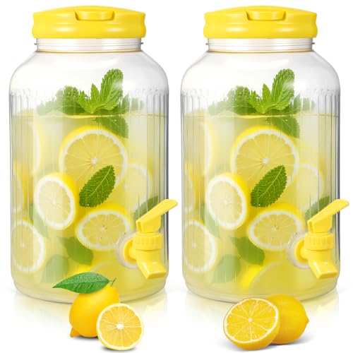 SiliFine 2 Pieces 1 Gallon Plastic Beverage Dispenser with Spigot Striped Clear Large Drink Beverage Dispenser Summer Fridge Water Container with Tap for Party Iced Tea, Sangria, Lemonade(Yellow) by SiliFine - Used condition - Image 2