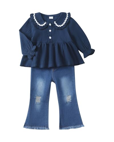 Renotemy 12-18 Months Baby Girl Clothes 2 Piece Fall Winter Outfits 1 Year Old Girls Clothing Set Navy Blue Ruffle Long Sleeve Pleated Tops Shirt Denim Bell Bottoms Jeans Flare Pants