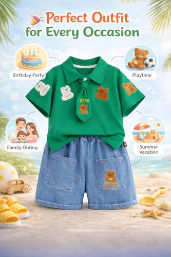 Image of Bold N Elegant Boys Polo T-Shirt and Denim Shorts with Detachable Tie Smart Casual Clothing Set for Kids | Kids Trendy Outfit