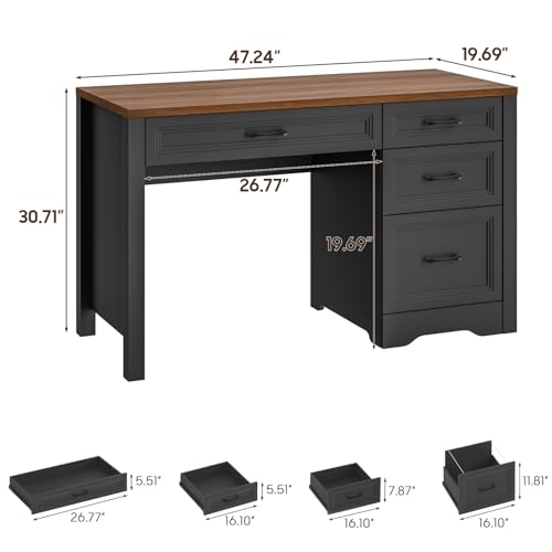 Image of Vabches Farmhouse Executive Desk with Storage and Ample File Drawer, Rustic Large Home Writing Desk for Bedroom, Dark Brown