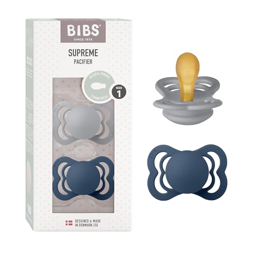Image of BIBS Supreme Baby Pacifier 2-Pack | Made in Denmark | BPA Free Dummy Soother, Symmetrical Nipple. Natural Rubber Latex, Size 1 (0-6 Months), Cloud / Steel Blue