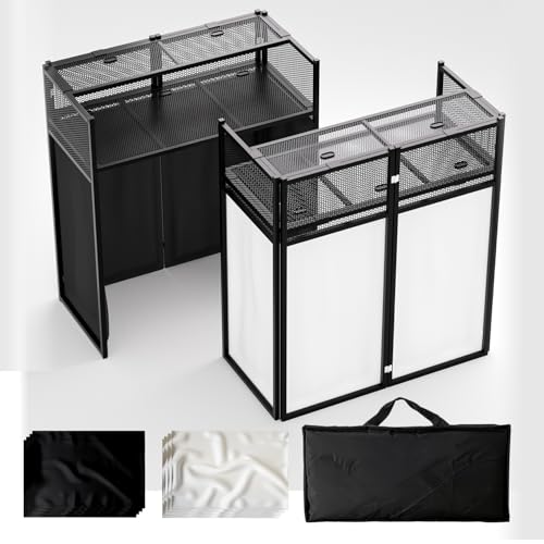 lunacme Portable DJ Booth Table,Foldable DJ Table Stand with White & Black Scrim,Adjustable DJ Facade Booth Station Metal Frame with Cable Hole for Private Events, Clubs, Bars (40x20 Double Deck)