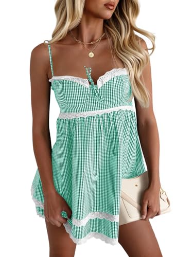 Image of Wenrine Womens Summer Mini Dress Spaghetti Strap Sweetheart Y2K Plaid Lace Trim Tiered Beach Sundress Dresses