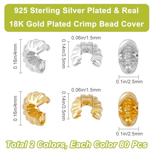 Beebeecraft 1 Box 160Pcs Crimp Bead Covers Sterling Silver Plated & 18K Gold Plated 2 Colors Half Round Open Crimp Beads End Tip 4mm for DIY Jewellery Makings - Image 2