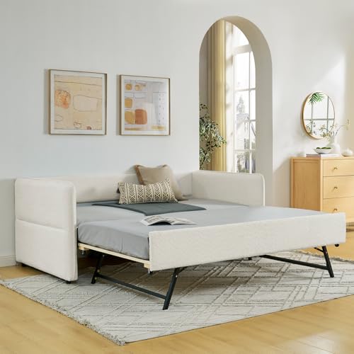 Antetek Twin Size Daybed with Pop up Trundle, Upholstered Boucle Fabric Day Bed Frame with Twin Roll-Out Trundle, No Box Spring Required, for Bedroom, Living Room, Study, Small Space, Upgarded Beige