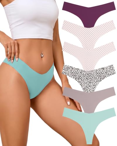 Image of FINETOO Seamless Thongs for Women Sexy No Show Panties Invisible V-waisted Stretch Lingerie Underwear 6 Pack