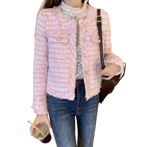 SHINROAD Chaqueta de primavera para mujer, estilo famoso, cuello redondo, manga larga, cárdigan de un solo botonadura, abrigo rasgado para otoño e invierno, rosa claro, M