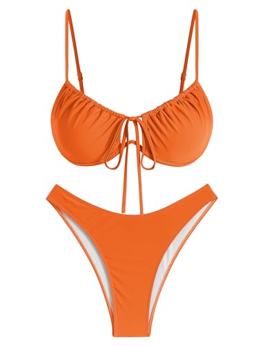 Image of ZAFUL Women High Cut Bikini Sets String Sexy Swimsuit Two Piece Underwire Bathing Suit Brazilian Cheeky Cut Out Cute Swimwear Orange L