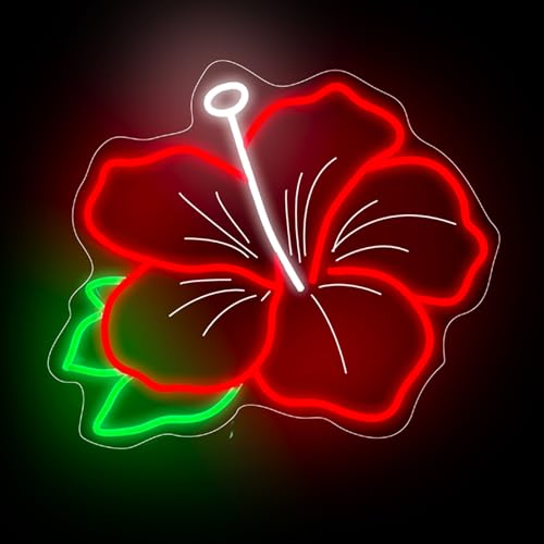 Image of Hibiscus Neon Sign Hibiscus Flower Neon Light Hawaii Floral Neon Light Tropical Flower Sign Home Wall Art Decoration, 15 inchx12 inch, Red
