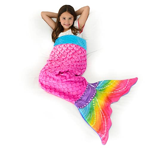 Blankie Tails - Double Sided Mermaid Tail Blanket - Mermaid Blanket Great for Gifts, Parties, and Daily Use - Mermaid Tails for Girls, Kids - Size Inclusive, Rainbow Mermaid Shimmer