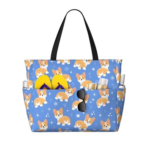 Waterproof Sandproof Beach Bag Kawaii Corgi Swim Large Tote Pool Bag For Women With Zipper