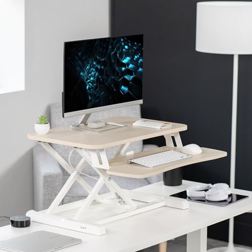 Image of VIVO 26 inch Desk Converter, K Series, Height Adjustable Sit to Stand Riser, Dual Monitor and Laptop Workstation with Keyboard Tray, Light Wood Top, White Frame, DESK-V026KF