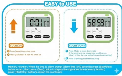 Image of Digital Magnetic Timer Clock with Large LCD Display, Loud Alarm, Countdown Flashing Light, Stopwatch, 24-Hour Display, Retractable Stand, Hanging Hole, for Students, Cooking (Green)