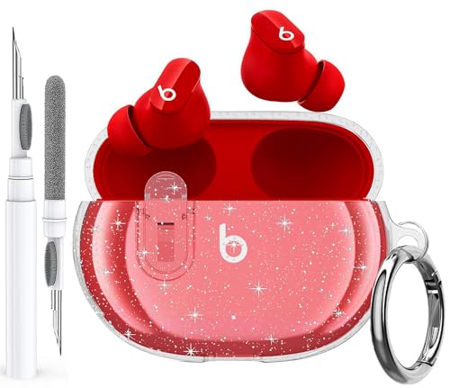 Olytop for Beats Studio Buds/Buds + Clear Case with Lock 2021/2023, Soft Bling Transparent TPU Protective Cover Skin with Cleaner Kit&Keychain for Beat Studio Buds/Buds Plus Earbuds - Glitter Clear