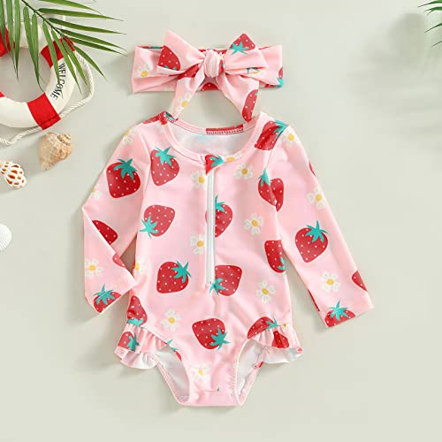 Mersariphy Toddler Baby Girl One-Piece Swimsuit Zipper Long Sleeve Swimsuit Girls Bathing Suit Rash Guard Beachwear (Strawberry Flower, 2-3 Years) #TOP1